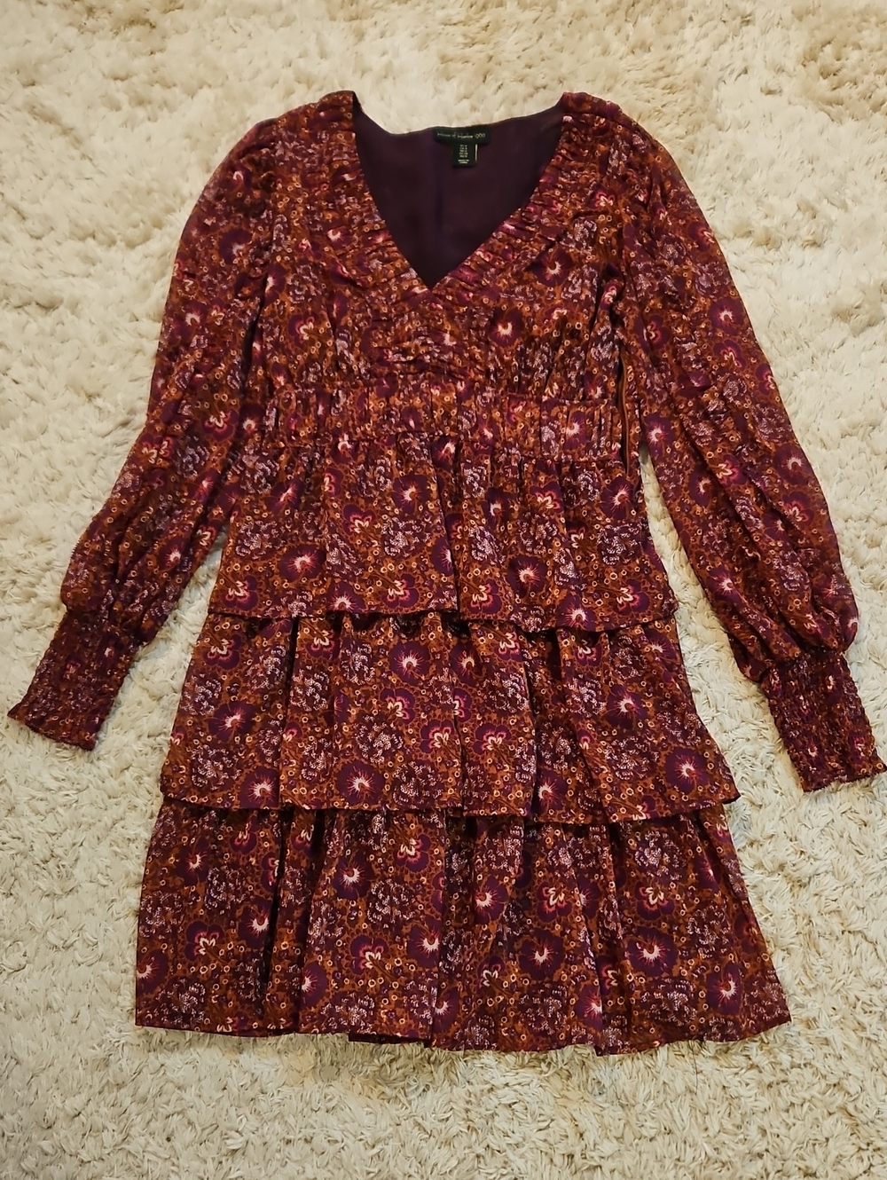 House of Harlow 1960 Plum Burgundy Paisley Tiered Long-Sleeve Dress